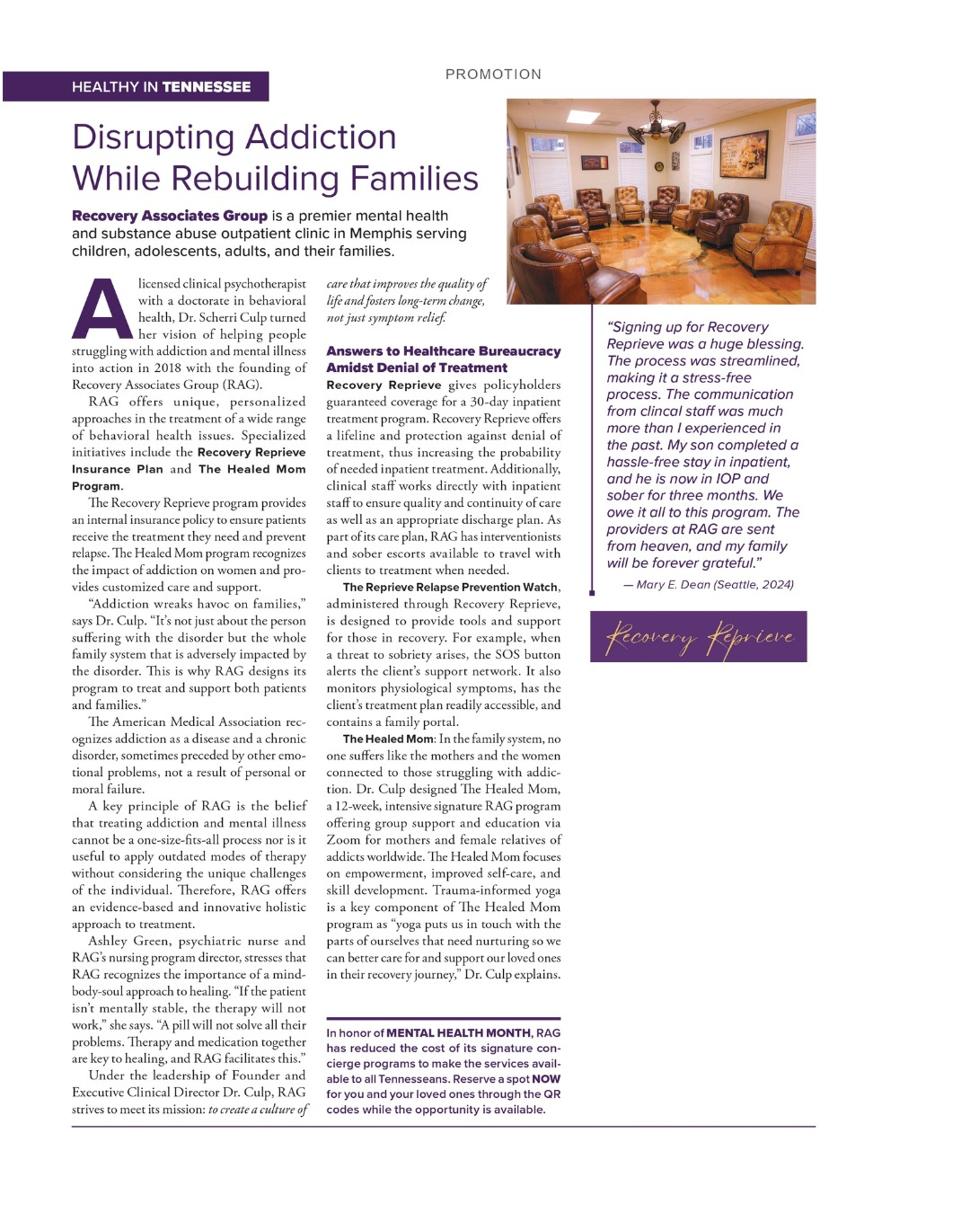 Healthy in Tennessee feature on Recovery Associates Group and The Healed Mom